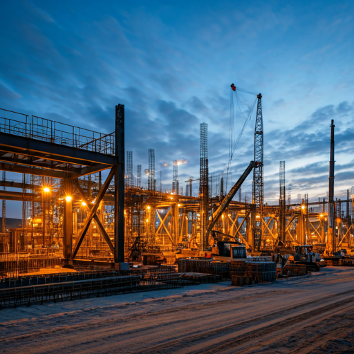 dramatic wide angle shot of a massive construction site with heavy machinery, cranes, and structural steel against a dusk sky